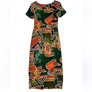 VINTAGE 80s DAWN JOY Geometric Print Corset Back Made in USA Midi Dress Size 5/6